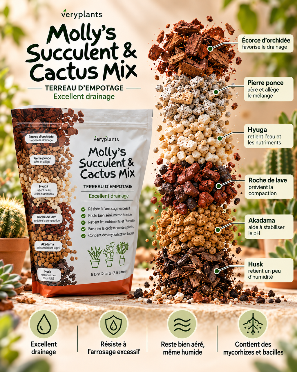 Molly’s Succulent & Cactus Mix — Substrat minéral ultra drainant