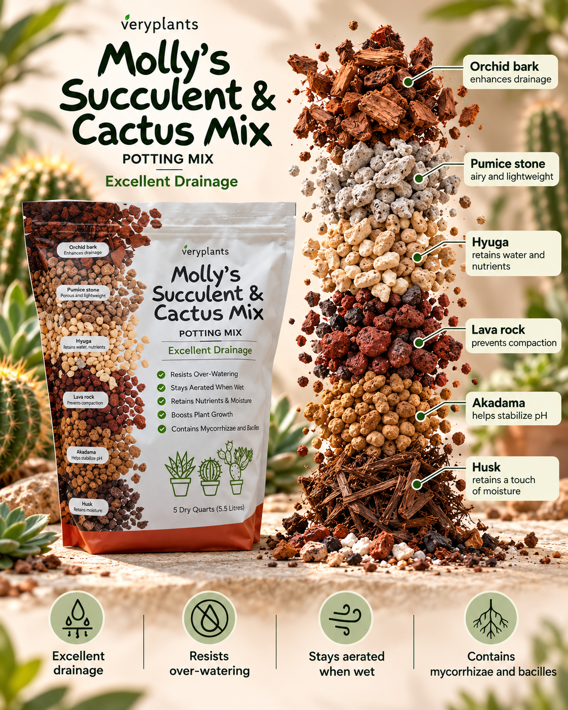 Molly’s Succulent & Cactus Mix — Substrat minéral ultra drainant